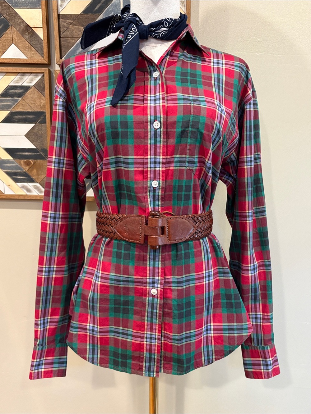 Vintage Ralph Lauren Blue Label 80s 90s Cotton Plaid Button Down Top size 8
